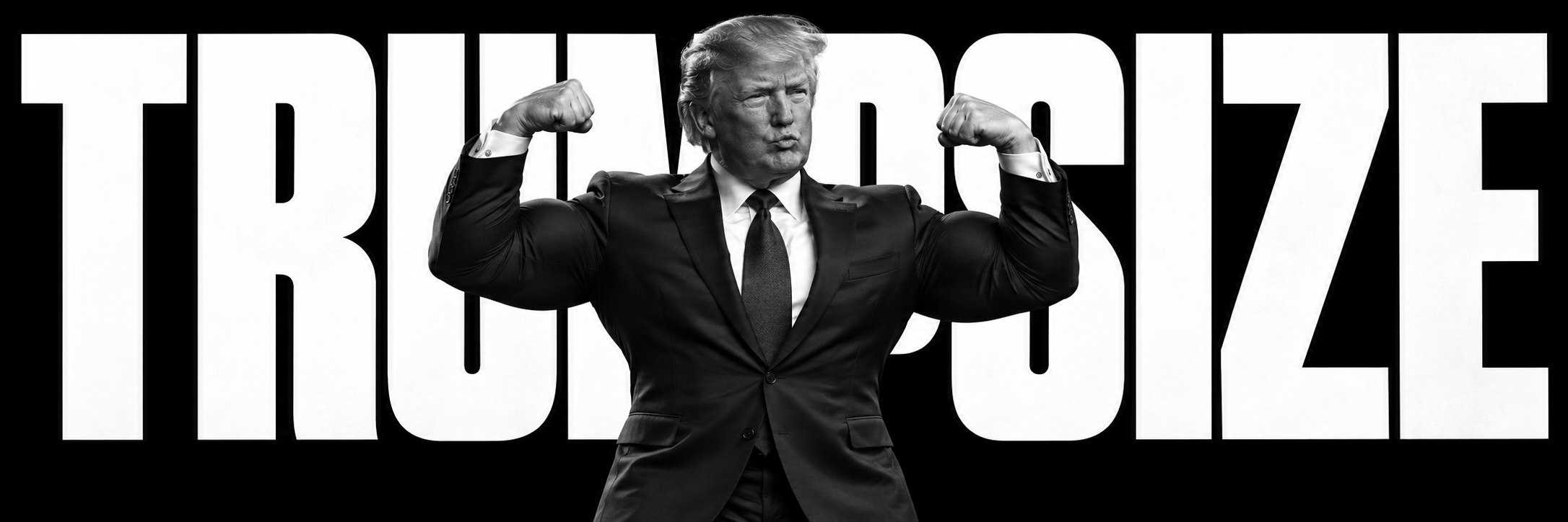 Black-and-white Trump in a fitted suit flexes in front of TRUMPSIZE lettering