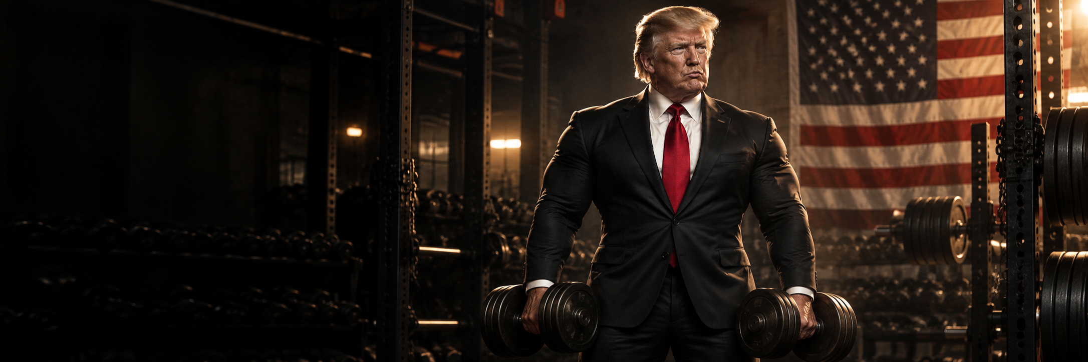 Trump in a fitted black suit holding weights in an American gym
